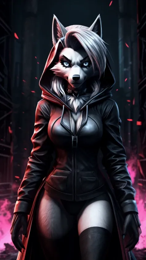 Loona from Helluva Boss, female wolf, anthro, mature adult, white hair, grey eyes, infected with black light virus, based, Prototype game series, hooded, standing, menacing, detailed, solo, beautiful, high quality, 4K