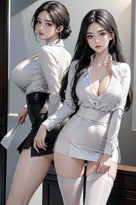 (masterpiece:1.5, Highest quality, Very detailed、 Dutch Angle、Realistic、Fantasy)(One girl, alone)(White and beautiful hair:1.4,,Straight Long Hair)(Office uniform, White shirt, Black Skirt, Black Stockings, garter belt、 Beautiful soldier, Eyes that tempt t...