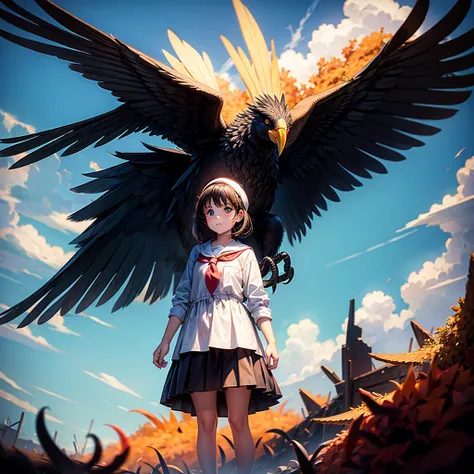 A young girl and a big bird in hell 