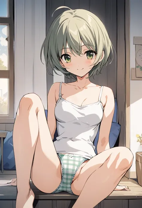 One girl,Kaoru、smile、Gentle expression、Welcome、The whole body is shown、noon、Rural Scenery、Sitting、Leg spread、looking viewer,Cute white camisole,panty shot,Light green checkered panties、A complete depiction of the human body、masterpiece, Highest quality, Ga...