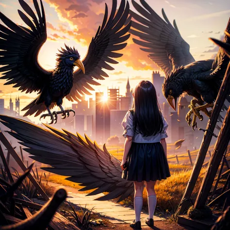 A young girl and a big bird in hell 