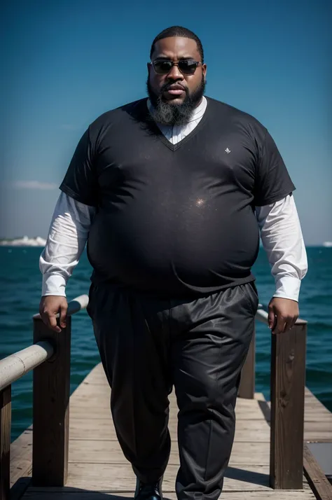 hyper-realistic image of a fat black man, dark-skinned, bald, black beard, big head, medium height, wearing square black-framed glasses, he is on the edge of the pier with the Titanic sinking and split in half when hitting the iceberg behind him, wearing p...