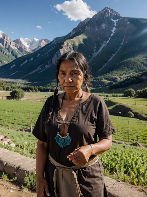 indigenous old woman with mountains and crops in the background