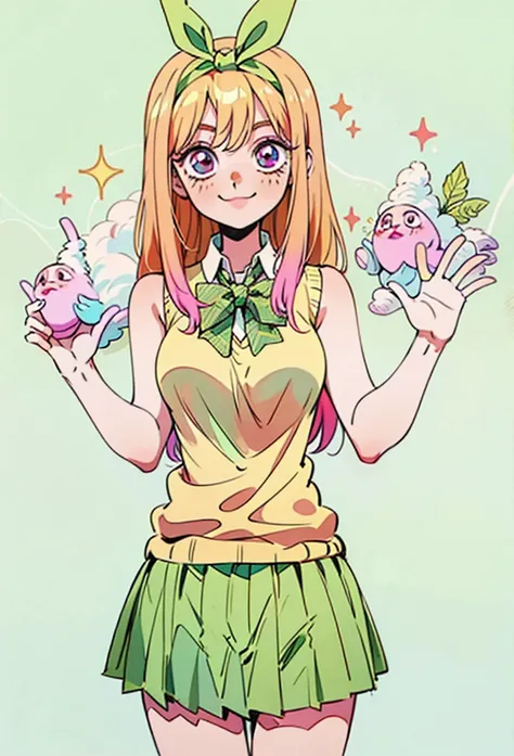 Marin kitagawa, long hair, marin drssed up as Yotsuba Nakano, long blonde hair with pink ends, sparkling pink eyes, sweet face, cheery, playful happy face, lovely, 4k, perfect quality, excellent fusion, excellent character design, green ribbon, sleeveless ...