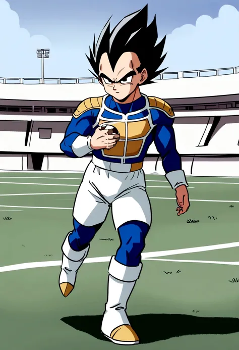 Vegeta as Saiyan , blue vegeta outfit , anime styling , Football scenario , (( image without deformities)) , best resolution , best qualityer , steady look , ​masterpiece, holding a soccer ball in his hand.