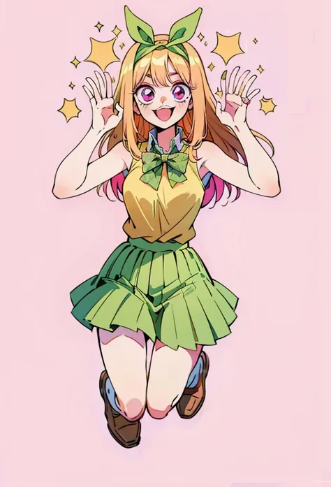 Marin kitagawa, long hair, marin drssed up as Yotsuba Nakano, long blonde hair with pink ends, sparkling pink eyes, sweet face, cheery, playful happy face, lovely, 4k, perfect quality, excellent fusion, excellent character design, green ribbon, sleeveless ...