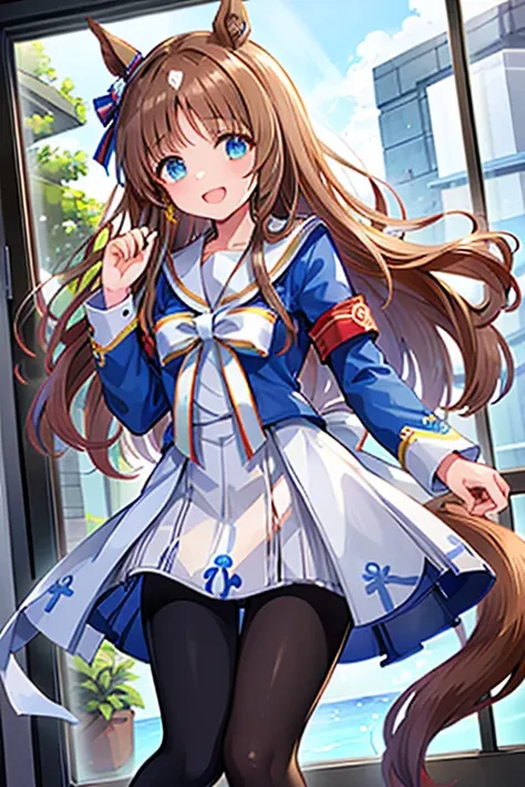 ((masterpiece、highest quality))、solo、the wonders of glass、uma musume、solo、marl、hair length、brown haired、blue sailor suit、white s...