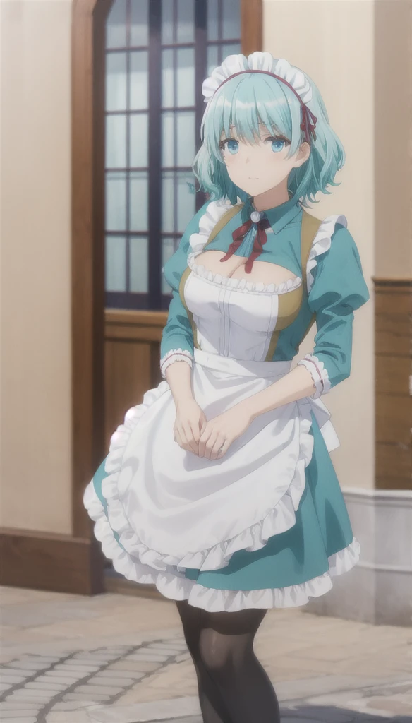 aqua hair
medium hair
blue eyes
aqua maid dress
maid headdress
frills
apron