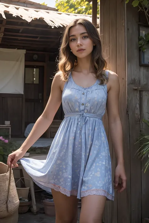 beautiful young woman with light streaming neatly through her hair., her summer dress was beautiful and she was standing in fron...