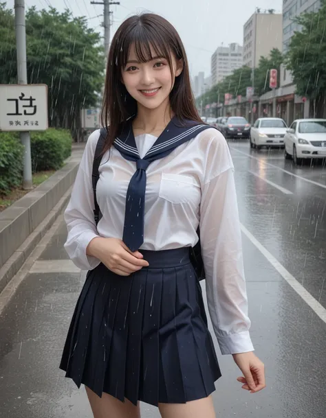 score_9,score_8_up,score_7_up,8K, breasts, A beautiful Japanese woman, 16yo, High school girl in the rain, （Her uniform is transparent and her underwear is visible：1.2）、（skirt:1.3）、Photorealistic and realistic Shibuya city background, smile,Mr.々A pose