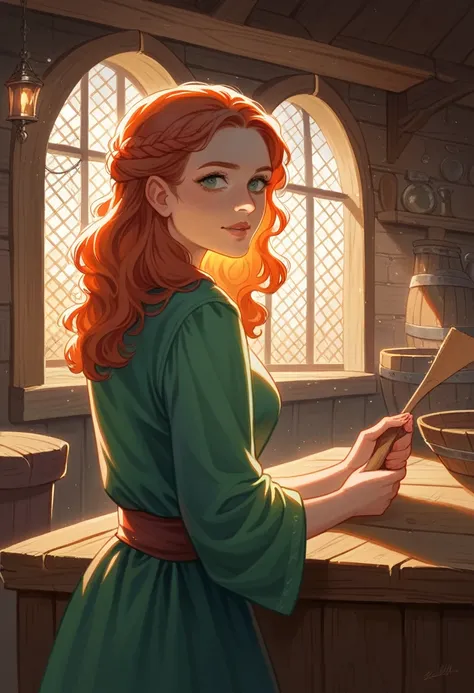 young redhead, medieval tale tavern, Intricately detailed colorful interior, detailed intense sunrise lightning, better geometry, award wining masterpiece, ultra intricate shadows and lighting, better lighting, better shadows, busy and complex environment,...