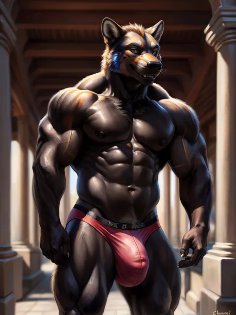 NSFW, nipples, dragon, black body, smug seductive face, big bodybuilder, muscular male, muscular, detailed muscles, detailed fur, bright fur, bright body, detailed face, high detailed, high resolution, huge bulge, underwear, high quality, detailed eyes, de...