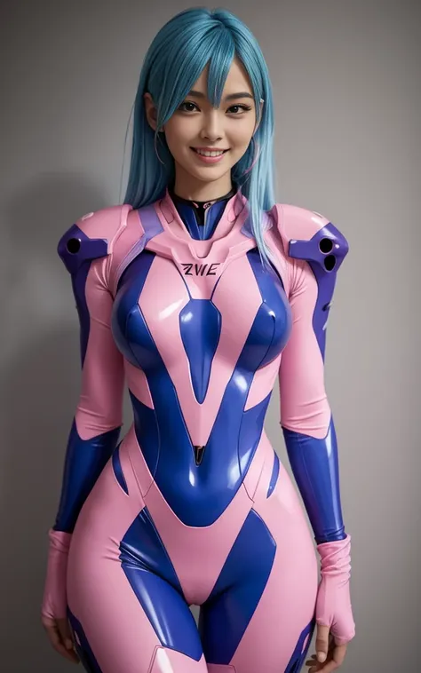 pink evangelion suit, pretty woman, stunning proportions, blue hair, smile