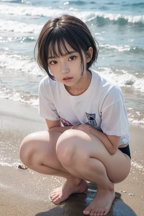 Highest quality,RAW Photos , 15 year old Japanese female idol, Face close-up ,From above , Leaning forward, squat, , Knee-high , underwear ,short hair, Bowl Cut ,Cute face ,Edgy,Drooping ,Wet , At the Beach, rain,