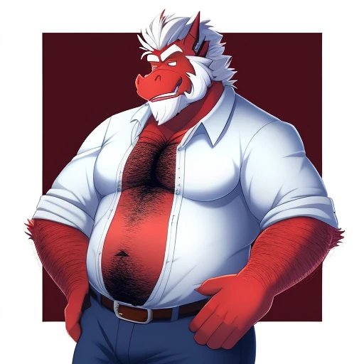 Old red dragon with beard and white hair, wearing an unbuttoned shirt showing his hairy belly on his chest.