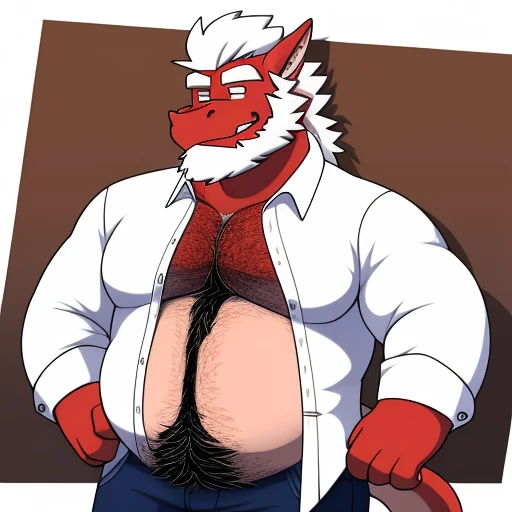 Old red dragon with beard and white hair, wearing an unbuttoned shirt showing his hairy belly on his chest.