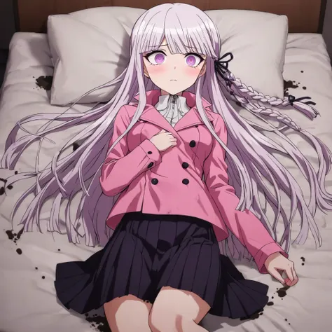 a beautiful girl with long light purple hair wearing a shiny pink raincoat, laying on a bed with white sheets and pillows, looki...