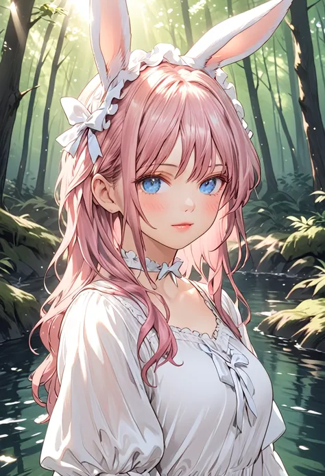 (high quality) (best quality) (a woman) (correct physiognomy) Woman, pink hair with bangs on her forehead, Bunny ears on her head, blue eyes, tender lips, middle age, a cute white dress style lolita, lighting of the photo: sunlight, It is in the middle of ...