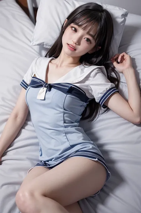 (short sleeve sailor suit:1.4)、（Blue pleated skirt:1.4）、Wear with stockings,（Showing off the inside of her skirt to the camera）、(lying on the bed:1.8)、On your back、（the skirt is turned up）、（I can see my pants:1.8）、((No makeup:1.2))、(realistic、Photoreal、sup...