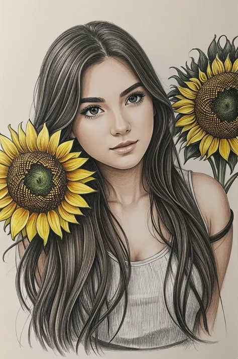 drawing, girl and sunflower drawing