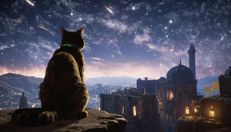 starscourgexl cat,scenery with glowing falling electricity stars in the background,awardwinning,masterpiece,((realistic)),128k u...