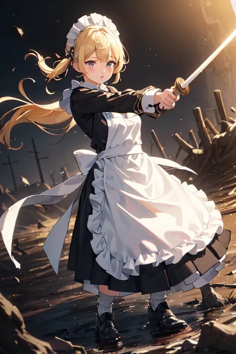 (((Highest quality))), ((masterpiece)), (((detailed))), (((Attention to detail))), One girl, cute, Blonde, Blonde碧眼, Small breasts, ((黒メイドClothes, 白いapron, Headband, The skirt is long)), (((メイドClothes着た女の子が大きな大剣で戦っている))), Has a big sword, ((Western design ...