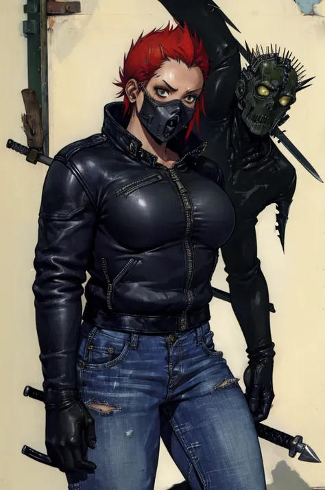 dorohedoro style, sexy young girl, a scary mask with short red hair sticking out from under it, a heavy leather jacket with spik...