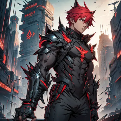 male character. in black clothes. in a futuristic setting. strong. wears futuristic cyberpunk-style armor.