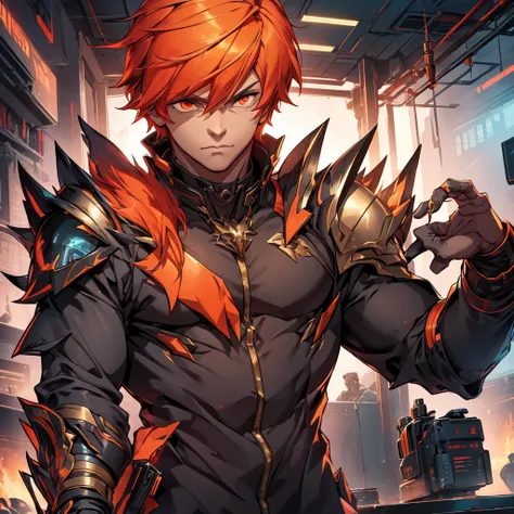 male character. in black clothes. in a futuristic setting. strong. wears futuristic cyberpunk-style armor. orange hair.