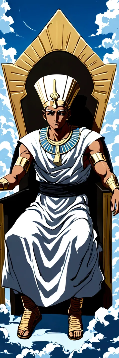 divine egyptian king dressed in robes and gold accessories,  sitting on a throne mad of clouds in the sky