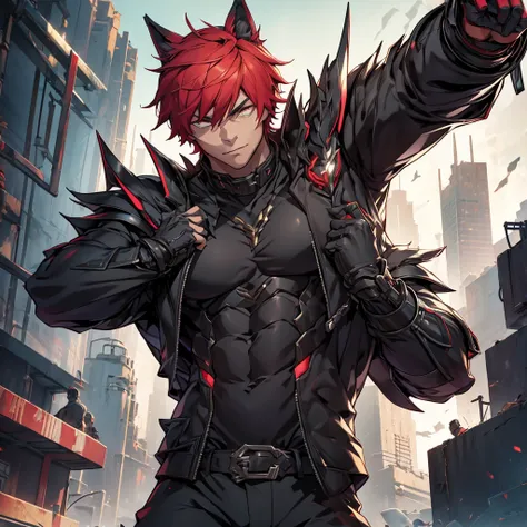 male character. in black clothes. in a futuristic setting. strong. wears futuristic cyberpunk-style armor.