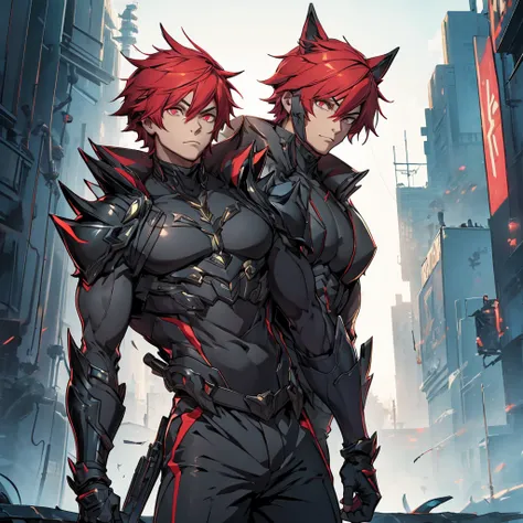 male character. in black clothes. in a futuristic setting. strong. wears futuristic cyberpunk-style armor.