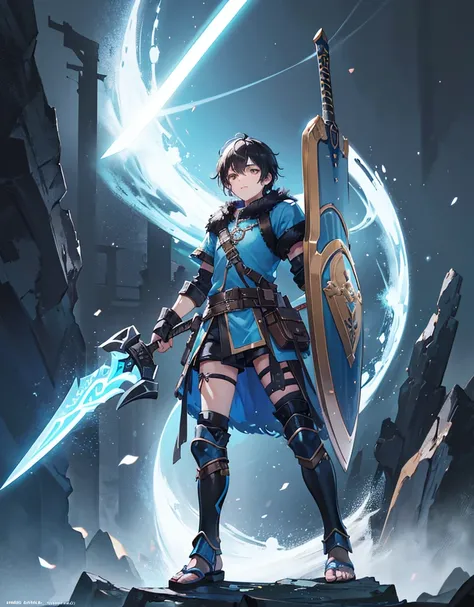 Young boy with black hair, brown eyes and fair skin, innocent and happy, wearing neon blue barbarian fur tunic, black shorts, gauntlets and sandals, weilding sword and shield, blue armor, fullbody, medieval background, boyish athletic