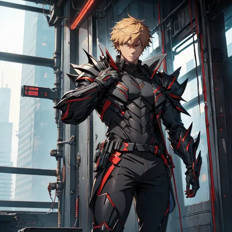 male character. in black clothes. in a futuristic setting. strong. wears futuristic cyberpunk-style armor.