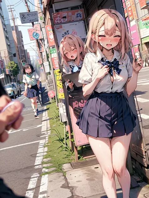 (((pussy juice:1.5,ahegao, blush))),are standing, navy pleated skirt, on the way to school, blush