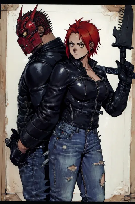 dorohedoro style, sexy young girl, a japan devil mask with short red hair sticking out from under it, a heavy leather jacket wit...