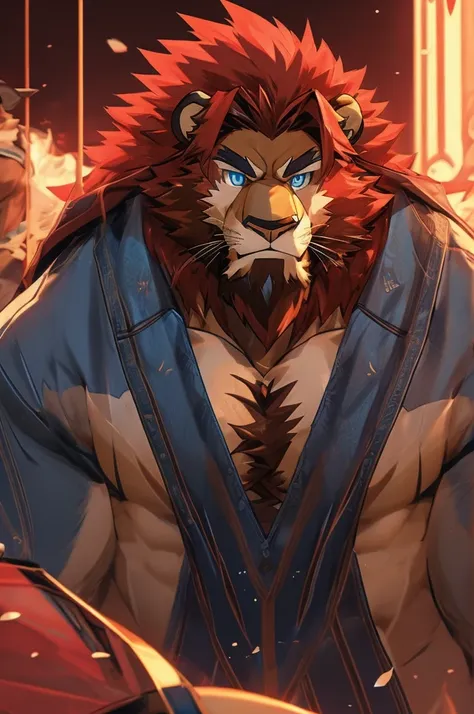 enji todoroki big daddy lion, hairy chest, bearded, big , muscular, big thighs, handsome, red hair, light brown skin, erected, h...