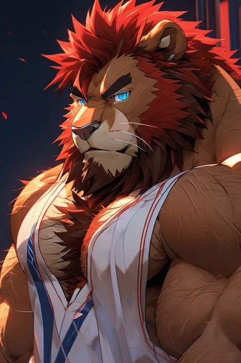 enji todoroki big daddy lion, hairy chest, bearded, big , muscular, big thighs, handsome, red hair, light brown skin, erected, h...