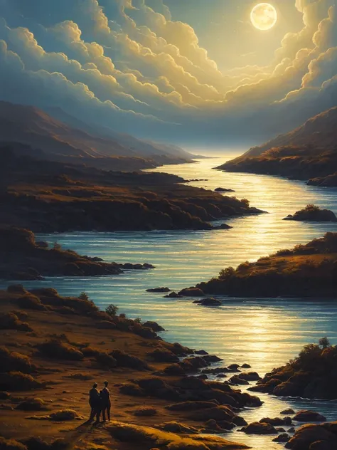 a painting of a river with a full moon in the sky, a matte painting by RHADS, deviantart, conceptual art, beautiful moonlight, beautiful moonlight night, beautiful moon light, stunning moonlight and shadows, night time moonlight, moonlit night, moonlit nig...