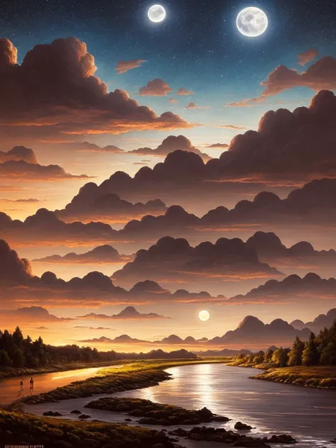 a painting of a river with a full moon in the sky, a matte painting by RHADS, deviantart, conceptual art, beautiful moonlight, beautiful moonlight night, beautiful moon light, stunning moonlight and shadows, night time moonlight, moonlit night, moonlit nig...