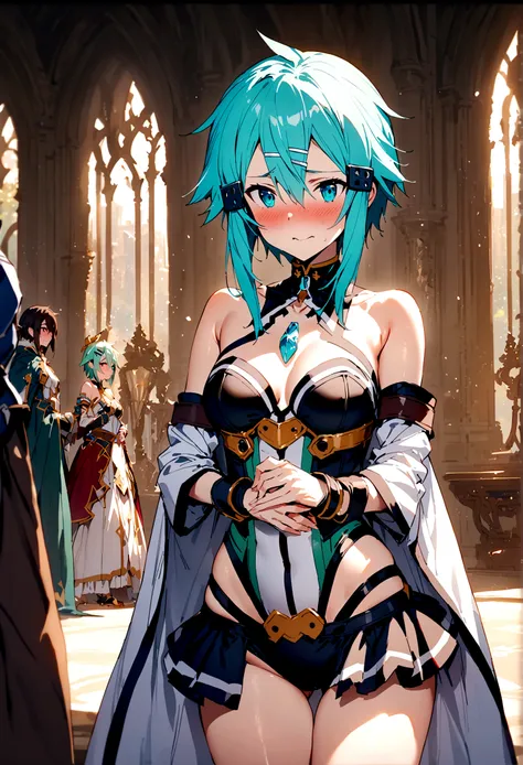 NSFW,masterpiece,Highest quality,High resolution,Super detailed,Sinon(Sword Art Online),Bare shoulders,Removable sleeves,Hand guard,leotard,Cape,Frilled mini skirt,gem, hair ornaments, Hair Clip,Embarrassed,expectant face,(Lust),(Estrus),blush,Fantasy,Adve...