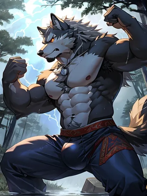 grey Wolf、long snout、silver mane、Body hair all over the body.、pubic hair、navel hair、orange eyes、A huge crotch bulge that looks like a balance ball.、Dark forest background、Big storm situation、a storm is blowing、kick stance、punch pose、Composition looking up ...