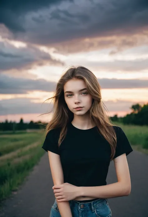 Selfie photo of skinny young teen female, medium dark blonde hair, white skin, looks in camera, photography, black t-shirt, cinematic, fashion photo, beautiful dusk sky, clouds, best quality, professional