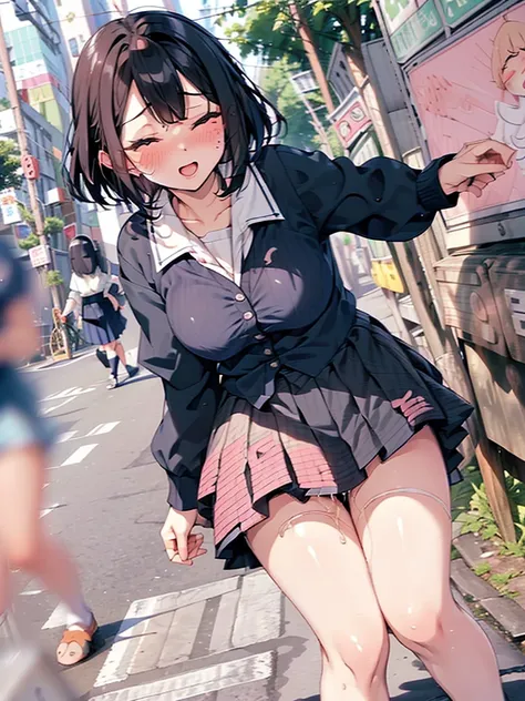 (((pussy juice:1.5,ahegao, blush))),Are standing, Navy pleated skirt, On the way to school, blush
