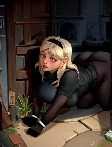 (masterpiece,best quality,absurdres,beautiful,aesthetic,detailed),cinematic angle, (Detailed face:1.2), (Detailed eyes:1.2), 1girl, solo (Gwen Stacy:1.1), curvy, bottom heavy,platinum blonde hair, bright blue eyes, ((Wearing: Black headband, olive green sw...