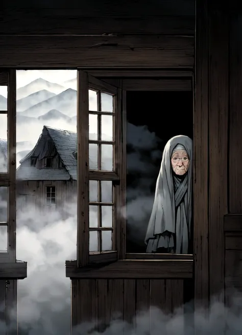 "An old, dilapidated house that looks like it could fall apart, set against a background of misty, fog-covered mountains. In one of the windows, an old woman is peeking out, showing only half of her face, creating a haunting and eerie atmosphere."