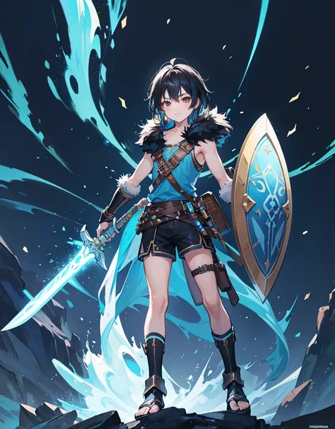 Young boy with black hair, brown eyes and fair skin, innocent and happy, wearing neon blue barbarian fur tunic, black shorts, gauntlets and sandals, weilding sword and shield, blue armor, fullbody, medieval background, boyish athletic