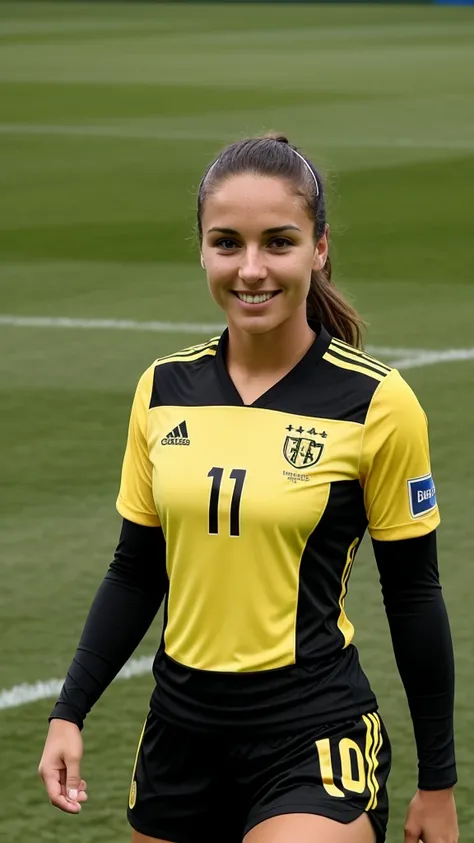 Beautiful female soccer player in yellow and black uniform 