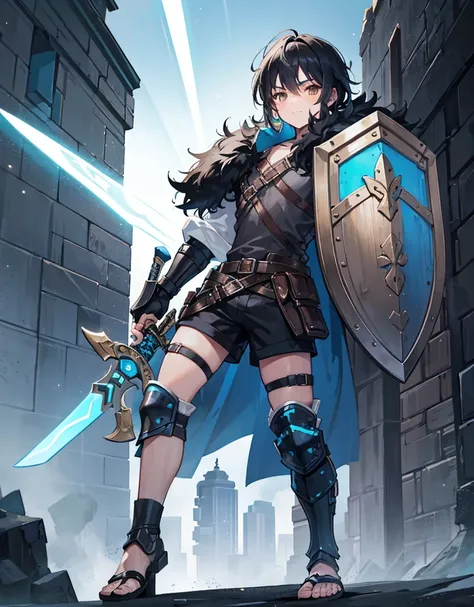 Young boy with black hair, brown eyes and olive skin, innocent and happy, wearing neon blue barbarian fur tunic, black shorts, gauntlets and sandals, weilding sword and shield, blue armor, fullbody, medieval background, boyish athletic