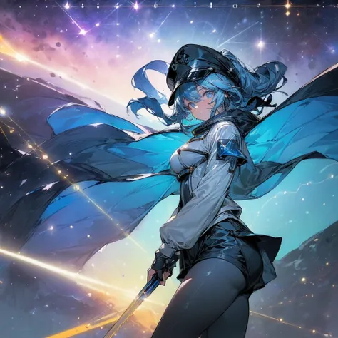 (((((((science fiction space fantasy)))))))A woman, an adult, (A female commander), ((a leader of a fleet of intergalactic armies)), White high ponytail with a glowing light blue highlights at the ends, Wielding a sword with deep blue aura, the mystical bl...